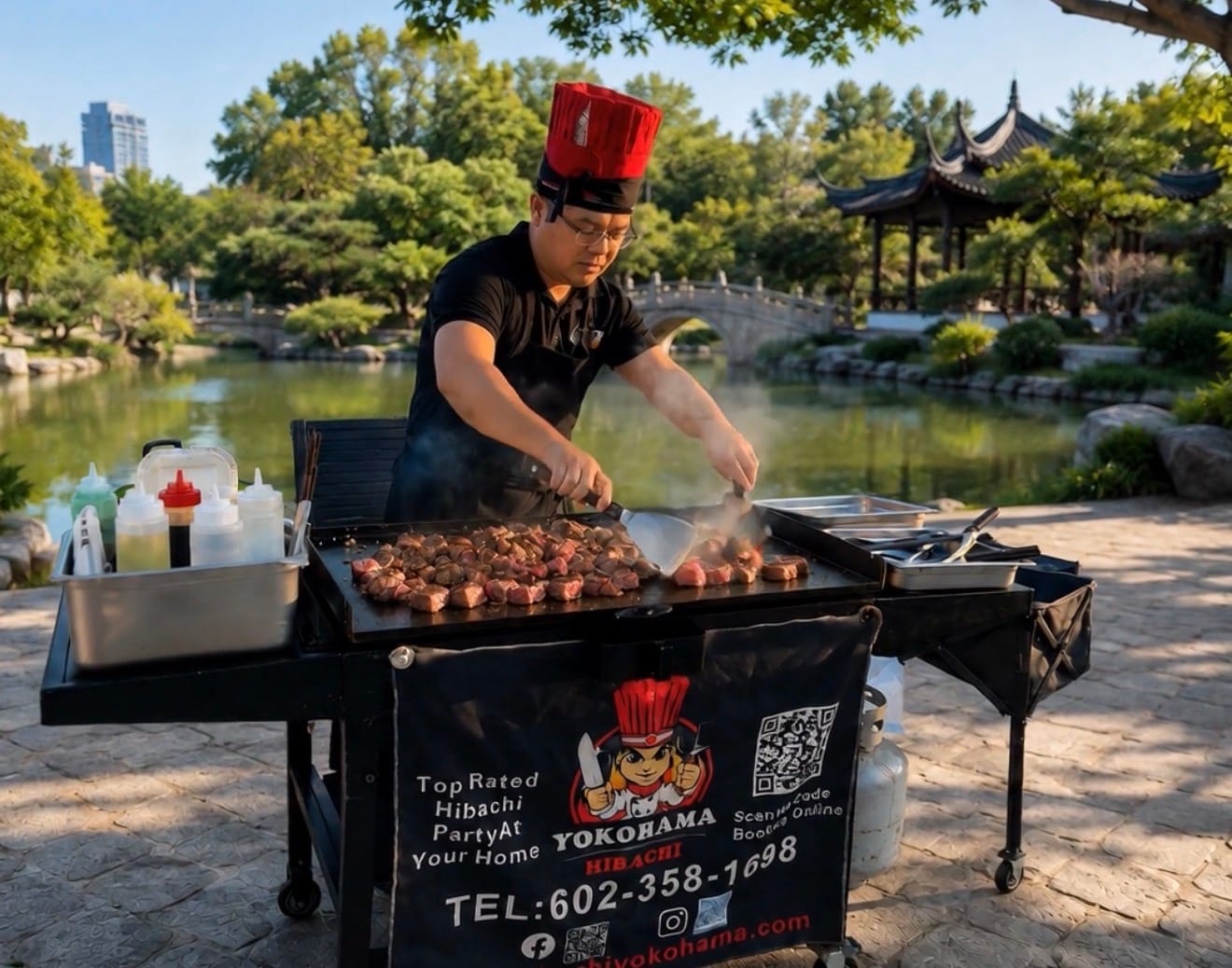 Private hibachi chef cooking at a backyard party in Phoenix, Arizona