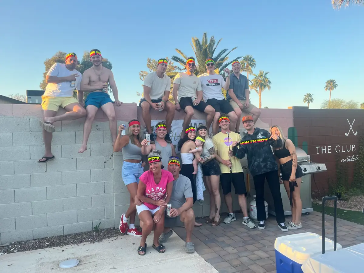 Large group celebrating at a daytime Los Angeles hibachi party