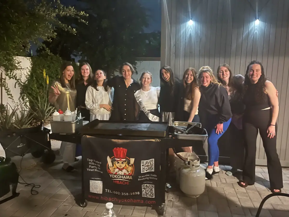 Bachelorette group posing with the Yokohama Hibachi grill in Los Angeles